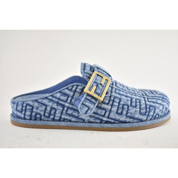 Fendi Feel Cotton Blue Denim FF Logo Gold Slip On Slide Clogs Mules Flats 40 - Picture 2 of 16